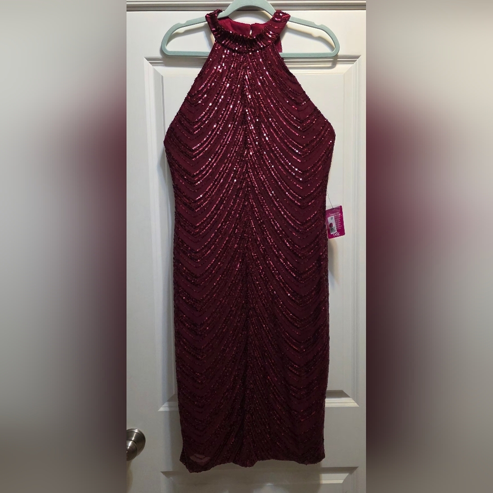 B Darlin Sequin Red Wine High Neck Halter Short Party Dress BNWT Size 14